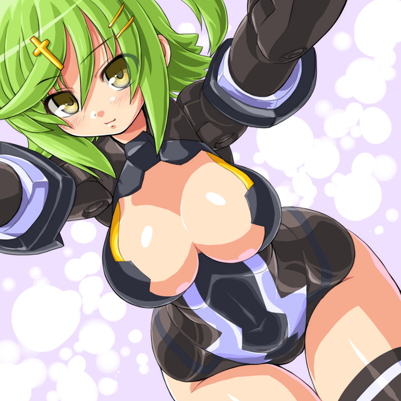 bad_id bad_pixiv_id bangs black_legwear blush breasts busou_shinki cleavage cleavage_cutout cowboy_shot cross cross_hair_ornament dd_(ijigendd) dutch_angle eyes_visible_through_hair from_above green_hair hair_between_eyes hair_ornament hairclip harmony_grace hips large_breasts leotard light_smile looking_at_viewer one_side_up outstretched_arms purple_background short_hair smile solo swept_bangs thigh_gap thighhighs wide_hips yellow_eyes