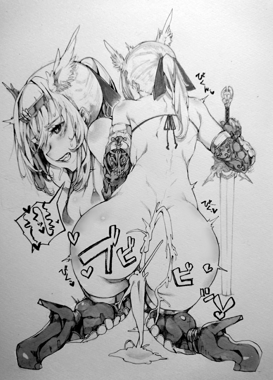 1girl ass back bikini_top boots clenched_teeth cum cumdrip feathers gauntlets hair_feathers hair_ribbon heart heart-shaped_pupils highres monochrome original ponytail ribbon sabusupi solo sword symbol-shaped_pupils teeth traditional_media weapon