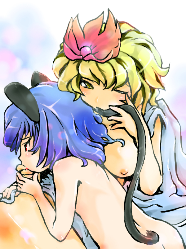 alternate_hair_color animal_ears bad_id bad_pixiv_id biting blonde_hair blue_hair breasts finger_sucking goton_goton hair_ornament medium_breasts mouse_ears mouse_tail multiple_girls nazrin nipples nude one_eye_closed red_eyes saliva shawl short_hair small_breasts tail tail_biting toramaru_shou touhou yellow_eyes yuri