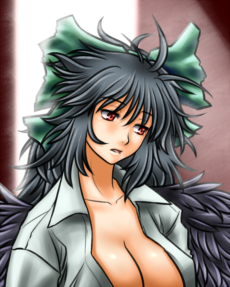 black_hair bow breasts casual cleavage five-seven hair_bow large_breasts long_hair messy_hair open_clothes open_shirt red_eyes reiuji_utsuho shirt solo touhou wings