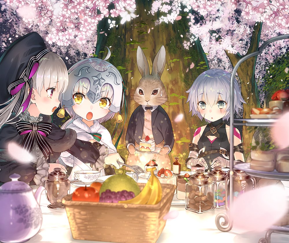 3girls ahoge apple banana bandage bell blurry_foreground bow bowtie bunny cake check_commentary cherry_blossoms cloak commentary_request cup eyebrows_visible_through_hair facial_scar fate/apocrypha fate/extra fate/grand_order fate_(series) food fork frills fruit fur_trim glass_bottle glint grapes grey_eyes grey_hair hair_ornament hat jack_the_ripper_(fate/apocrypha) jar jeanne_d'arc_(fate)_(all) jeanne_d'arc_alter_santa_lily jingle_bell multiple_girls nursery_rhyme_(fate/extra) open_mouth personification petals purple_eyes sailor_hat saucer scar scar_on_cheek short_hair sweatdrop tattoo teacup teapot tearing_up tray tuxedo yasuyuki yellow_eyes