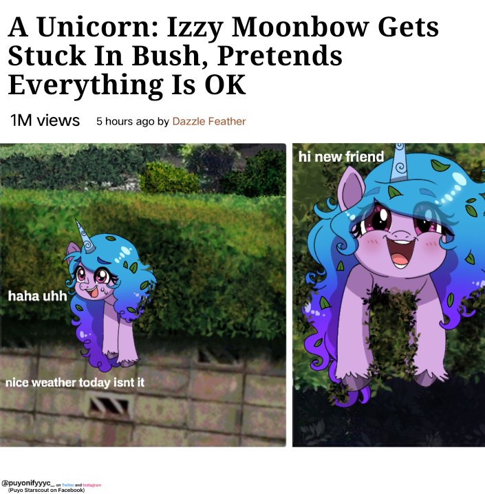 blue_hair blush dialogue english_text equid equine female gradient_hair hair hasbro hooves horn izzy_moonbow_(mlp) mammal meme mlp_g5 my_little_pony open_mouth open_smile plant purple_eyes puyohh real shrub smile text unicorn