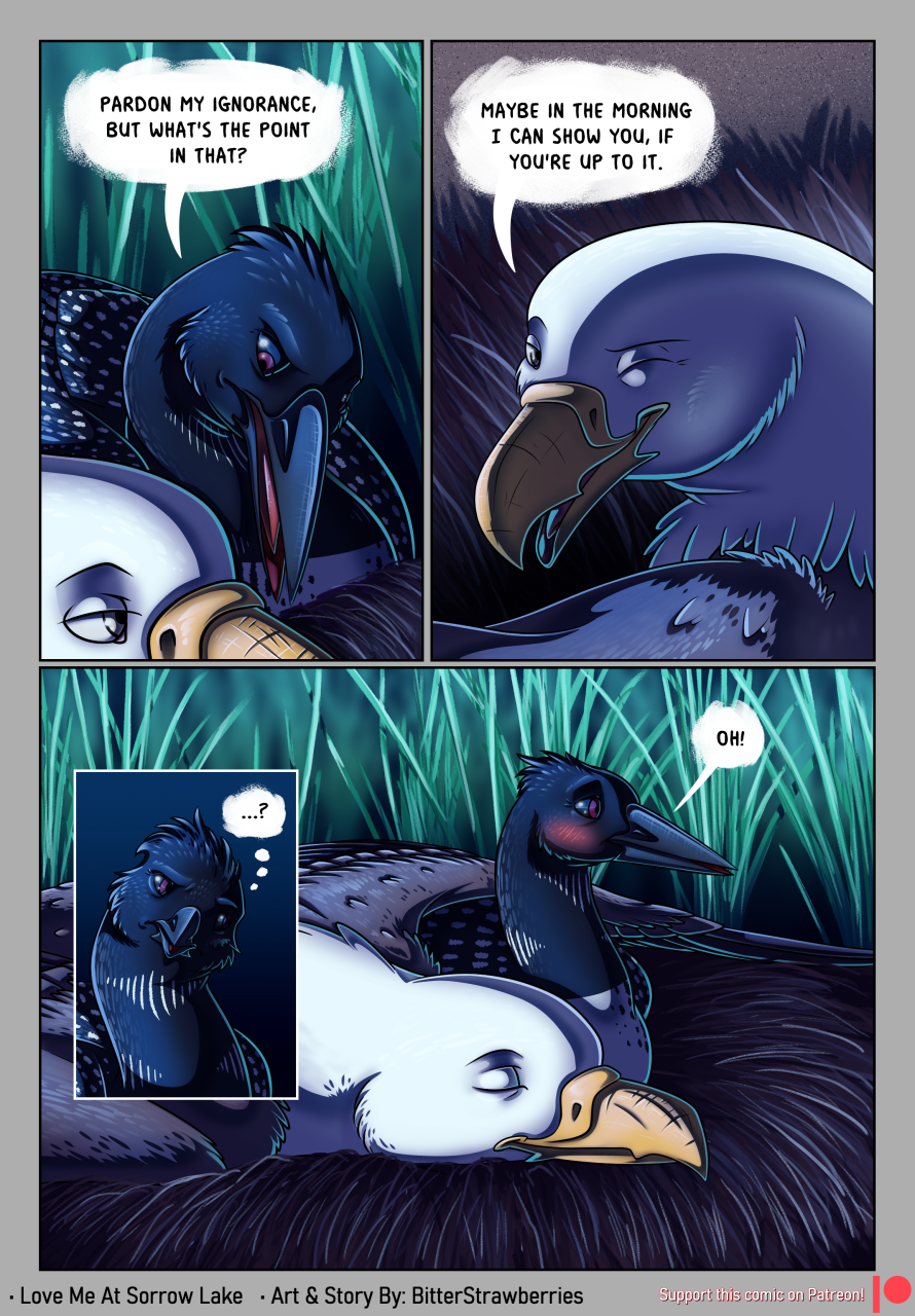 accipitrid accipitriform avian bald_eagle bird bitterstrawberries blush comic confusion duo eagle female female/female feral hi_res laurel_(bitterstrawberries) loon nest one_eye_closed plant sea_eagle sleeping wink zandra_(bitterstrawberries)