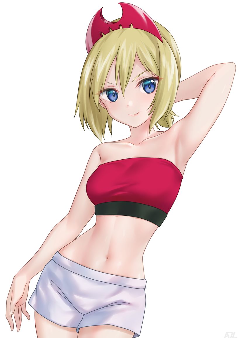 1girl a-plug arm_behind_head armpits bangs blonde_hair blue_eyes breasts closed_mouth collarbone commentary_request cowboy_shot eyelashes hair_between_eyes hairband irida_(pokemon) looking_at_viewer navel pokemon pokemon_(game) pokemon_legends:_arceus red_hairband red_tube_top short_shorts shorts simple_background smile solo strapless tube_top white_background white_shorts