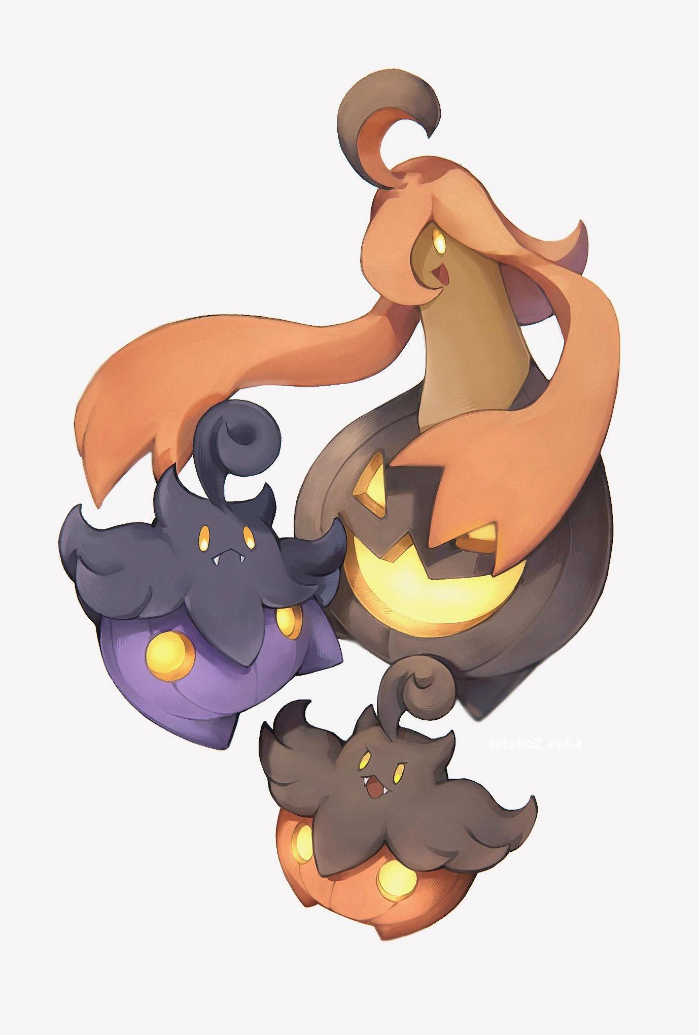 :d alternate_color closed_mouth commentary evolutionary_line fangs fangs_out gourgeist highres open_mouth pokemon pokemon_(creature) pumpkaboo shiny_pokemon simple_background smile symbol-only_commentary tako2_eaka tongue white_background yellow_eyes
