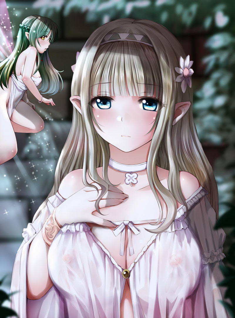 2girls bare_shoulders blurry blurry_background blush breasts brown_hair cleavage closed_mouth coat collarbone commentary_request depth_of_field dress fairy fairy_wings flower green_hair hair_flower hair_ornament hairband hand_on_own_chest hand_up kozue_akari long_hair long_sleeves medium_breasts minigirl multiple_girls off-shoulder_dress off_shoulder original pointy_ears very_long_hair white_coat white_dress white_flower wide_sleeves wings yellow_eyes