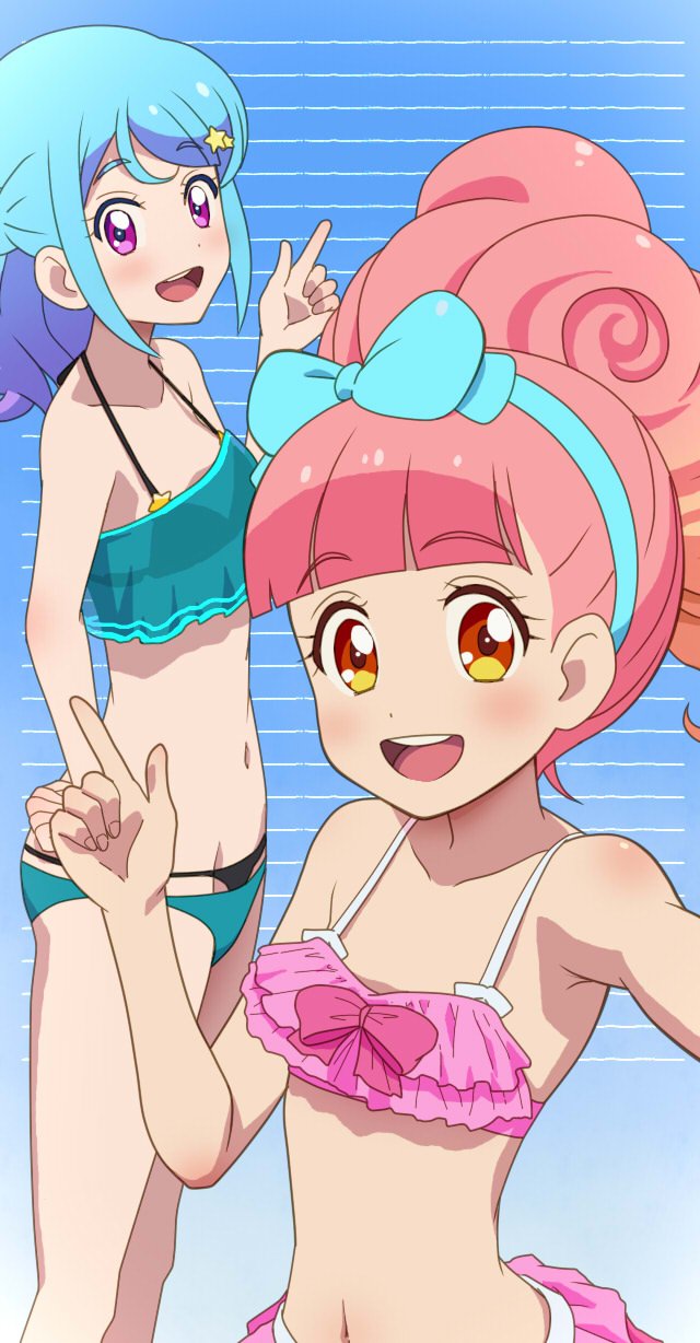 2girls :d aikatsu!_(series) aikatsu_friends! awa blue_bow blue_hair blush bow collarbone gradient_hair hair_bow hair_ornament hairband highres index_finger_raised long_hair looking_at_viewer minato_mio multicolored_hair multiple_girls navel open_mouth orange_eyes pink_hair purple_eyes smile star_(symbol) star_hair_ornament swimsuit yuuki_aine