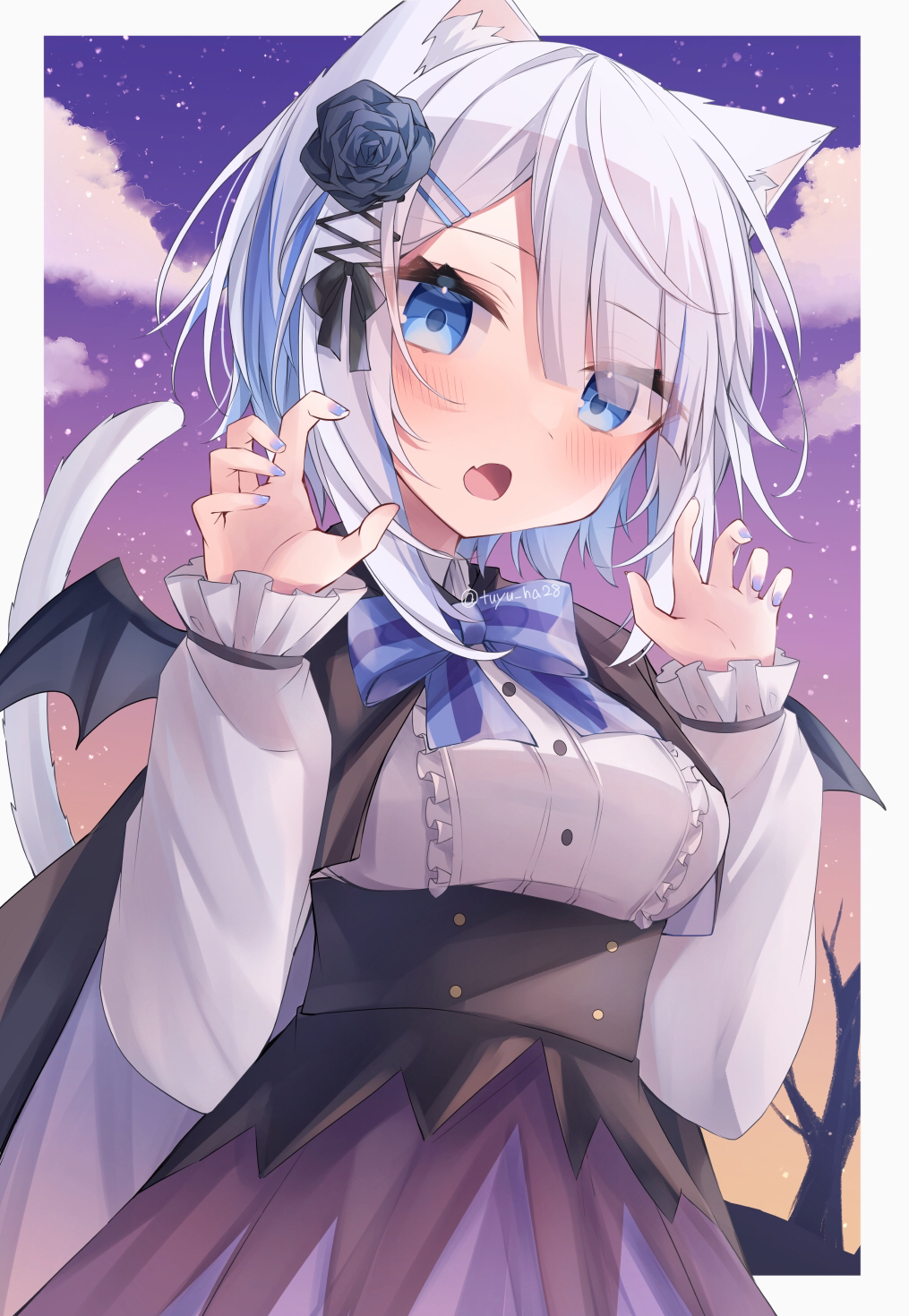 1girl animal_ear_fluff animal_ears black_cape black_flower black_rose blue_bow blue_eyes blue_hair blue_nails blush bow breasts cape cat_ears cat_girl cat_tail center_frills cloud colored_inner_hair commentary_request fang flower frills grey_hair grey_wings hair_flower hair_ornament hairclip halloween hands_up high-waist_skirt highres long_sleeves looking_at_viewer medium_breasts mini_wings multicolored_hair nail_polish open_mouth original puffy_long_sleeves puffy_sleeves purple_skirt ringouulu rose skirt sky sleeves_past_wrists solo star_(sky) starry_sky striped striped_bow sunset tail tail_raised twitter_username two-tone_hair wings