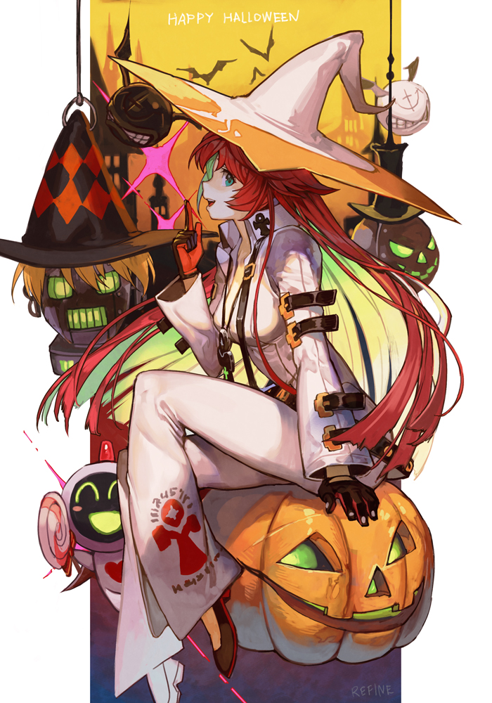 1girl ankh_necklace aqua_eyes bangs bat_(animal) bodysuit breasts candy colored_inner_hair earrings food full_body gloves green_eyes guilty_gear guilty_gear_strive halloween happy_halloween hat hungry_clicker index_finger_raised jack-o'-lantern jack-o'_valentine jewelry large_breasts large_hat lollipop long_hair long_sleeves looking_at_viewer minion_(guilty_gear) multicolored_hair open_mouth pumpkin red_hair revision sitting smile white_bodysuit white_hair white_headwear witch_hat