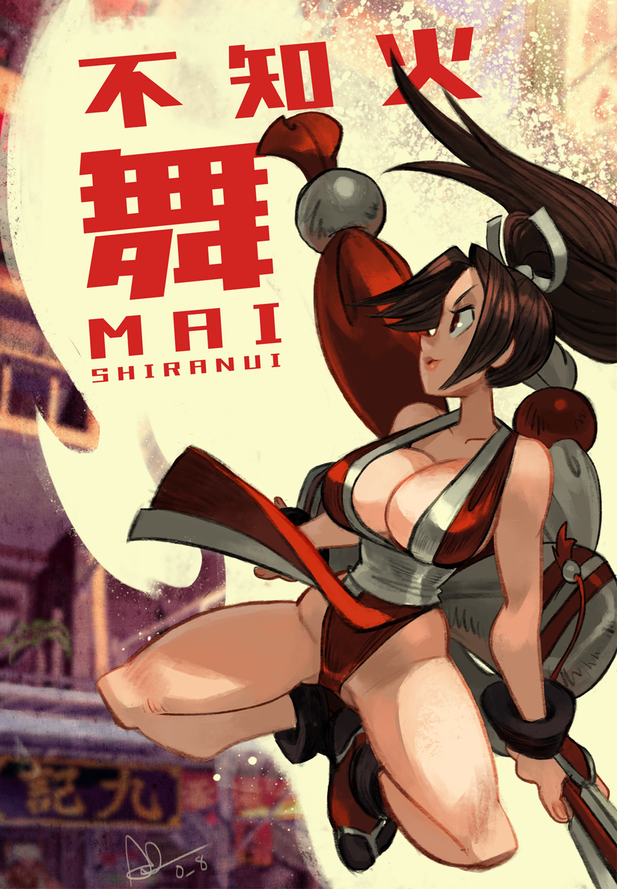1girl alex_ahad boots bracelet breasts character_name cleavage fatal_fury fighting_stance hand_fan highres jewelry jumping large_breasts leotard long_hair ninja ponytail red_footwear red_leotard shiranui_mai solo squatting the_king_of_fighters thighs