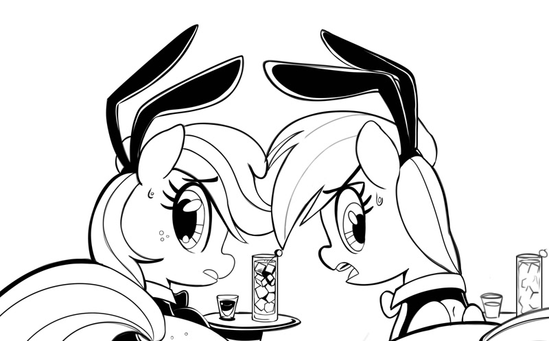 alcohol applejack_(mlp) beverage bodily_fluids bunny_costume clothing container costume cup cute_expression digital_drawing_(artwork) digital_media_(artwork) drinking_glass duo embarrassed fake_ears fake_rabbit_ears female feral freckles freckles_on_butt friendship_is_magic glass glass_container glass_cup hasbro looking_at_viewer looking_back looking_back_at_viewer monochrome my_little_pony plate rainbow_dash_(mlp) round_ears serving_tray shot_glass simple_background sweat sweatdrop ton618 unfinished waiter wings_folded