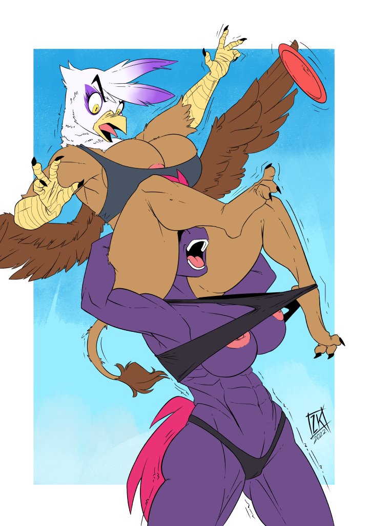 abs anthro anthrofied areola avian bikini breasts carrying cleavage clothed clothing duo equid equine feathered_wings feathers female friendship_is_magic frisbee gilda_(mlp) gryphon hasbro mammal muscular muscular_anthro muscular_female my_little_pony my_little_pony:_the_movie_(2017) mythological_avian mythology nipples on_shoulders open_mouth swimwear talon_hands tempest_shadow_(mlp) wings yellow_eyes zwitterkitsune
