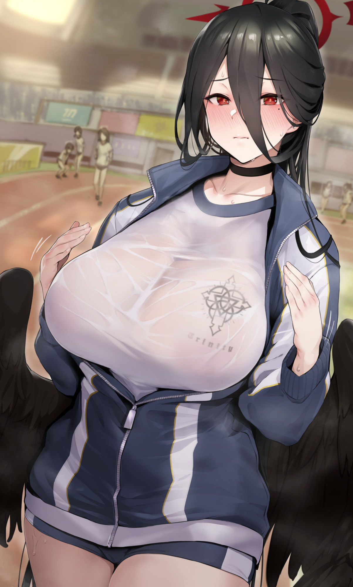 1girl bangs black_choker black_feathers black_hair black_wings blue_archive blush bra_visible_through_clothes breasts choker feathered_wings feathers gym_uniform hair_between_eyes hair_ornament halo hasumi_(blue_archive) hasumi_(gym_uniform)_(blue_archive) highres huge_breasts jacket kurowa large_wings long_hair looking_at_viewer mole mole_under_eye official_alternate_costume partially_unzipped ponytail red_eyes see-through shirt shorts sportswear track_jacket very_long_hair wet wet_clothes wet_shirt white_shirt wings
