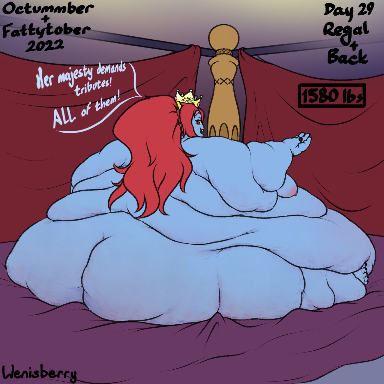anthro bed big_breasts blue_body blue_scales breasts crown dialogue female fish furniture hair hi_res immobile looking_back marine morbidly_obese morbidly_obese_female nipples number obese obese_female overweight overweight_female ponytail red_eyes red_hair scales signature solo text undertale_(series) undyne weight_gain wenisberry