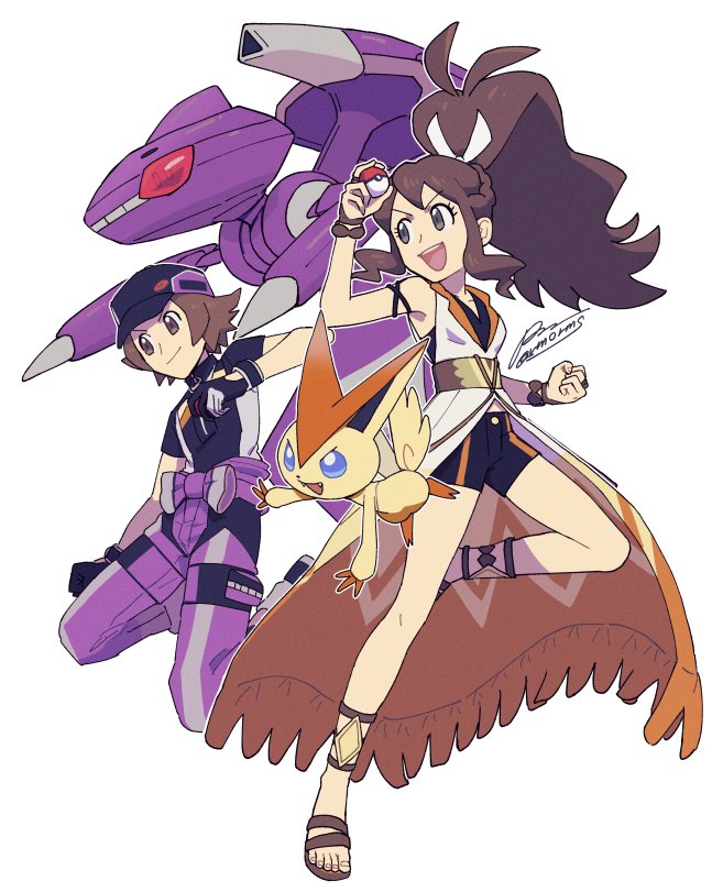 1boy 1girl black_headwear black_shorts brown_eyes brown_footwear brown_hair clenched_hand closed_mouth commentary_request genesect gloves hat high_ponytail hilbert_(pokemon) hilbert_(sygna_suit)_(pokemon) hilda_(pokemon) hilda_(sygna_suit)_(pokemon) holding holding_poke_ball long_hair official_alternate_costume pants poke_ball poke_ball_(basic) pokemon pokemon_(game) pokemon_masters_ex purple_pants sagemaru-br sandals shirt short_hair shorts sidelocks smile toes victini
