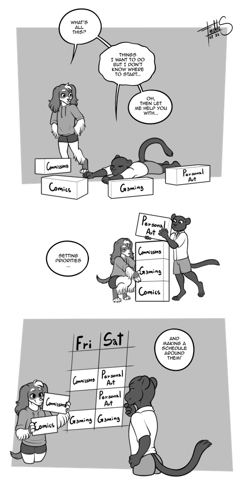 3_panel_comic anthro block bottomwear canid canine canis clothing dialogue dialogue_box domestic_dog dress_shirt duo english_text felid floppy_ears freckles_(artist) greyscale gym_bottomwear gym_clothing gym_shorts half-closed_eyes hoodie male male/male mammal monochrome narrowed_eyes open_mouth pantherine shirt shorts simple_background smile text topwear wide_eyed