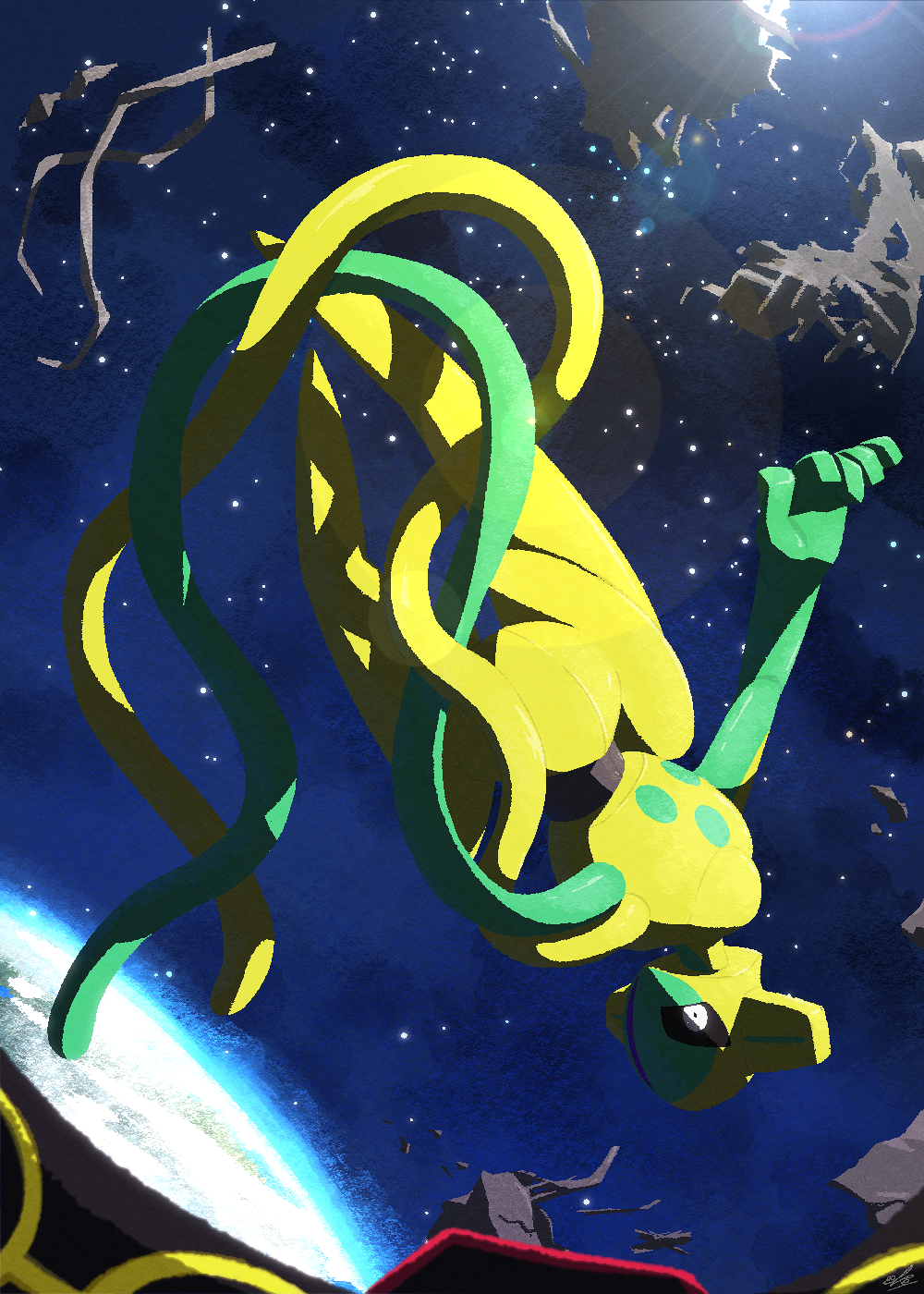 alternate_color black_eyes commentary_request deoxys deoxys_(normal) ewokakukaede full_body highres looking_at_viewer looking_back no_humans outdoors pokemon pokemon_(creature) rayquaza shiny_pokemon space