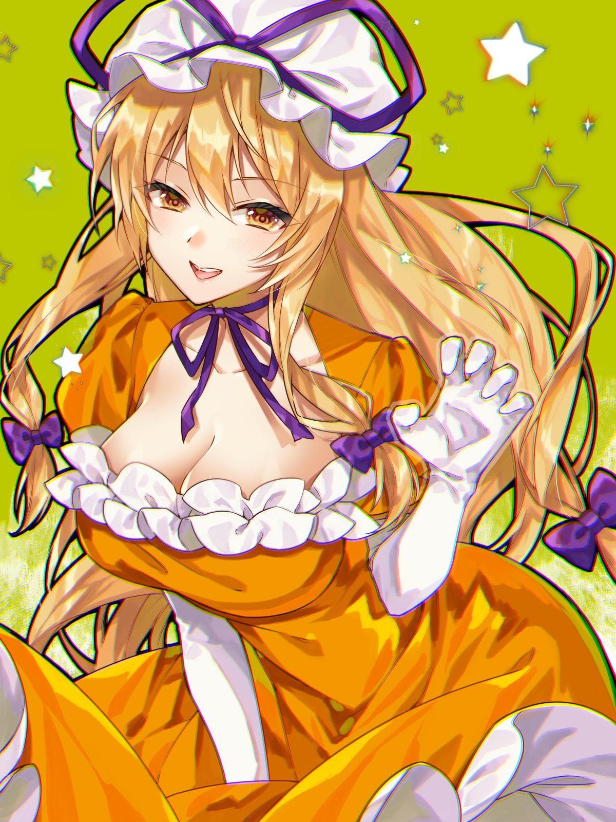1girl alternate_color bangs blonde_hair blush bow bowtie breasts collarbone commentary_request dress elbow_gloves frills gloves green_background hair_between_eyes hair_bow hand_up hat hat_bow highres kirisita large_breasts long_hair looking_at_viewer mob_cap open_mouth orange_dress orange_eyes puffy_short_sleeves puffy_sleeves purple_bow purple_bowtie short_sleeves smile solo standing star_(symbol) starry_background teeth tongue touhou wavy_hair white_gloves white_headwear yakumo_yukari