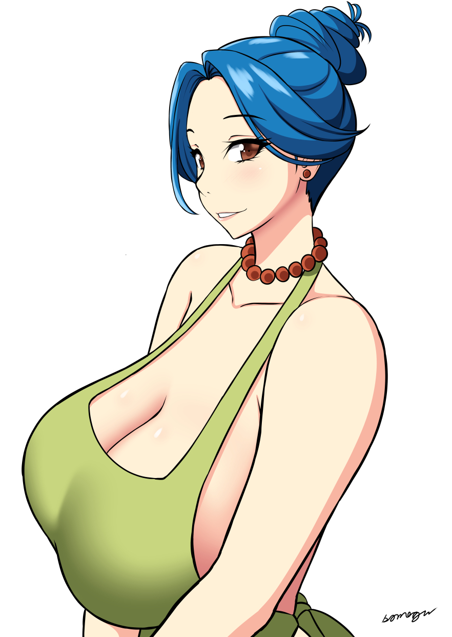 apron bangs bare_shoulders blue_hair breasts brown_eyes cleavage collarbone crossed_arms earrings hair_bun highres huge_breasts jewelry lipstick makeup marge_simpson naked_apron necklace signature simple_background smile someguu teeth the_simpsons upper_teeth white_background