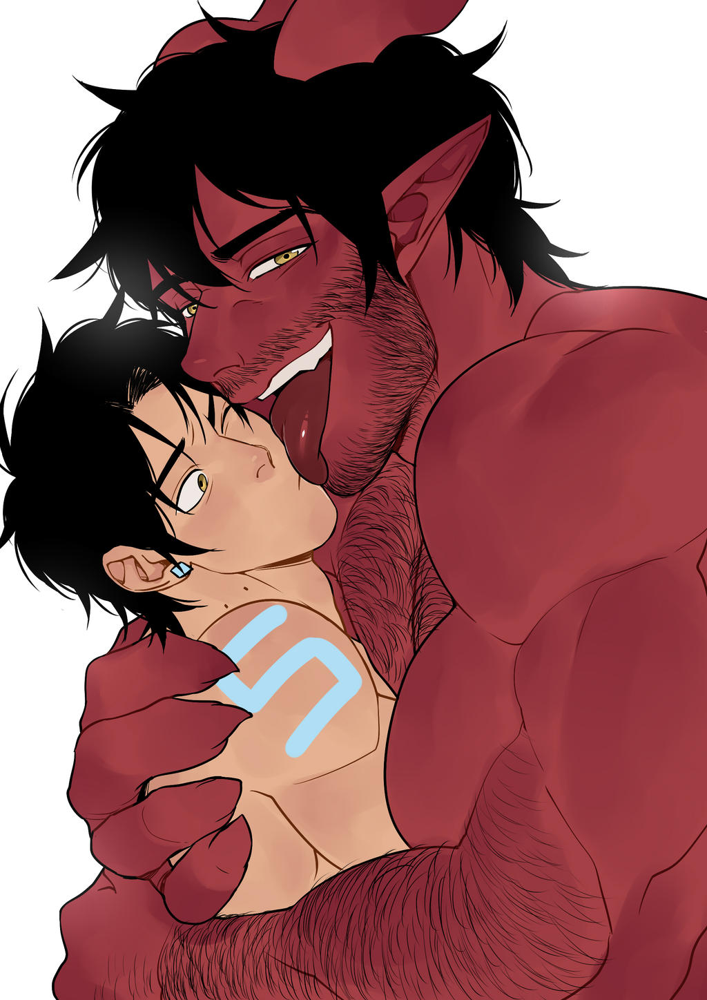 black_hair body_hair cheek_lick demon demon_humanoid dominique_(the_devil_and_s-13) duo face_lick facial_hair hair hi_res horn horned_humanoid human human_on_humanoid humanoid humanoid_pointy_ears interspecies larger_humanoid licking looking_at_viewer male male/male mammal muscular muscular_humanoid muscular_male not_furry one_eye_closed open_mouth open_smile red_body red_skin size_difference smaller_human smile smiling_at_viewer steen_(the_devil_and_s-13) suyohara the_devil_and_s-13 tongue tongue_out