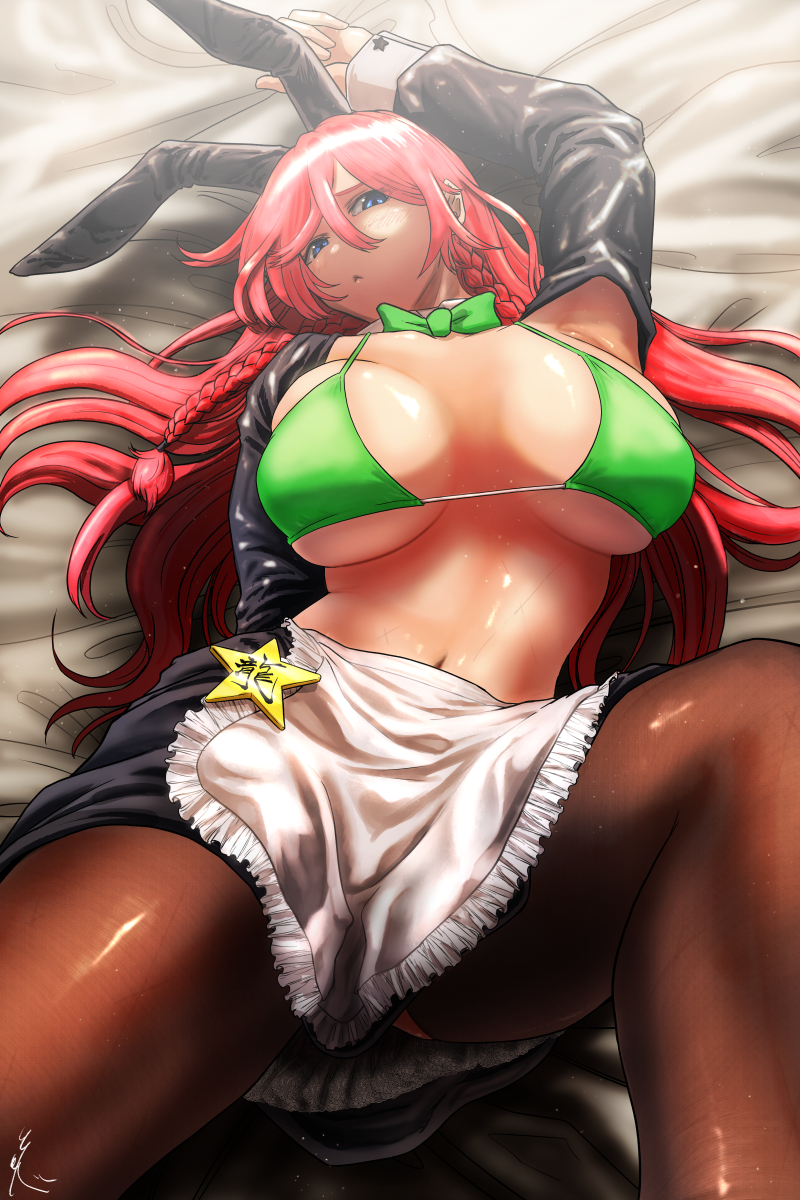 1girl :&lt; animal_ears apron arm_up armpits arms_behind_back bangs bikini bikini_top_only bikini_under_clothes black_jacket black_skirt blue_eyes blush bow bowtie braid breasts breasts_apart brown_pantyhose closed_mouth covered_nipples detached_collar dust fake_animal_ears frilled_apron frills green_bikini green_bow green_bowtie hair_between_eyes half-closed_eyes highres hong_meiling huge_breasts jacket knee_up koyubi_(littlefinger1988) long_hair long_sleeves looking_at_viewer maid_apron miniskirt navel open_clothes open_jacket panties panties_under_pantyhose panty_peek pantyhose pink_panties rabbit_ears red_hair scar scar_on_leg scar_on_stomach shiny shiny_clothes shiny_hair shiny_skin side_braid skindentation skirt solo spread_legs star_(symbol) stomach swimsuit thighs touhou twin_braids unaligned_breasts underwear very_long_hair waist_apron white_apron