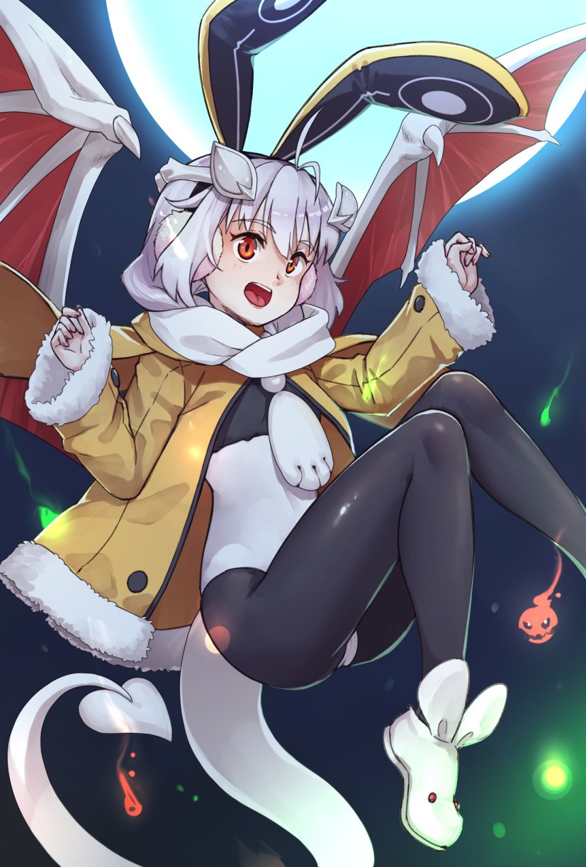 1girl :d animal_ears bangs black_hairband commentary cosplay demon_girl demon_horns demon_tail demon_wings disgaea earmuffs english_commentary fake_animal_ears full_moon fur-trimmed_sleeves fur_trim hair_between_eyes hairband highres hitodama horns jacket lilim_(monster_girl_encyclopedia) long_sleeves maritan_(pixelmaritan) monster_girl_encyclopedia moon open_clothes open_jacket open_mouth original rabbit_ears red_eyes runa_(maritan) scarf smile solo tail usalia_(disgaea) usalia_(disgaea)_(cosplay) white_hair white_scarf wings yellow_jacket