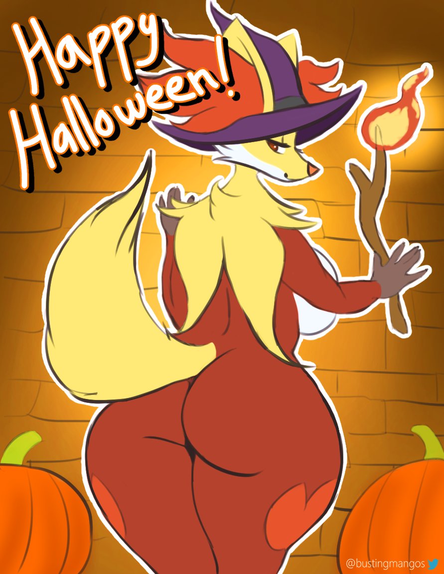 2022 anthro big_breasts big_butt breast_squish breasts brick_wall bustingmangos butt canid canine cheek_tuft clothing curvy_figure delphox digital_media_(artwork) ear_tuft eyelashes facial_tuft female fire fluffy fluffy_tail food fox fruit fur generation_6_pokemon half-closed_eyes halloween hat headgear headwear holidays leaning_on_wall looking_at_viewer looking_back looking_back_at_viewer mammal multicolored_body narrowed_eyes nintendo nude orange_body orange_fur plant pokemon pokemon_(species) presenting presenting_hindquarters pumpkin red_body red_eyes red_fur seductive side_boob smile solo squish stick text thick_thighs tuft video_games voluptuous wall_(structure) white_body white_fur wide_hips witch_hat yellow_body yellow_fur