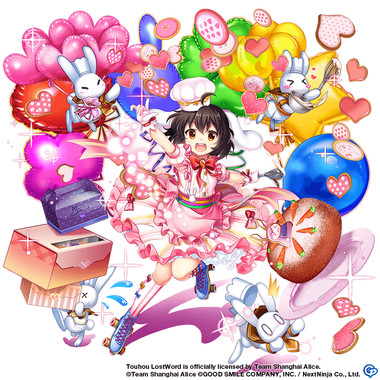 &gt;_&lt; 0_0 1girl :d alternate_costume animal animal_ears apron back_bow balloon balloon_flower bangs bare_shoulders black_hair blue_footwear blush blush_stickers bow box buttons cake candy carrot carrot_cake carrot_necklace chef chef_hat chocolate_cake clenched_teeth confetti cookie cooking crumbs dress fireworks flickering floppy_ears flying food food-themed_clothes food_print foodification frilled_apron frilled_dress frilled_skirt frilled_sleeves frills full_body gem gift gift_box gingerbread_cookie gloves grey_hair hair_between_eyes hair_ornament hare_of_inaba hat heart heart-shaped_cookie heart_balloon holding holding_box holding_whisk imperishable_night inaba_tewi jewelry kneehighs light_purple_hair magical_girl multicolored_clothes necklace necktie official_alternate_costume official_art open_mouth orange_eyes patterned_clothing pink_apron pink_dress pink_ribbon pink_shirt plate polka_dot puffy_short_sleeves puffy_sleeves purple_hair rabbit rabbit_ears rabbit_girl rainbow_order red_ribbon reisen_udongein_inaba ribbon ribbon-trimmed_apron ribbon-trimmed_dress ribbon-trimmed_gloves ribbon-trimmed_legwear ribbon-trimmed_skirt ribbon_trim roller_skates rotte_(1109) sailor_collar shirt short_hair short_sleeves signature simple_background skates skirt smile socks solo solo_focus sparkle sparkler sprinkles star_balloon strawberry_print striped striped_bow striped_dress striped_thighhighs stuffed_animal stuffed_bunny stuffed_toy sweatdrop tail teeth thighhighs throwing too_many_balloons touhou touhou_lost_word vertical-striped_bow vertical-striped_dress vertical-striped_thighhighs vertical_stripes waist_apron whisk white_gloves white_headwear white_shirt white_skirt yellow_necktie yellow_sailor_collar