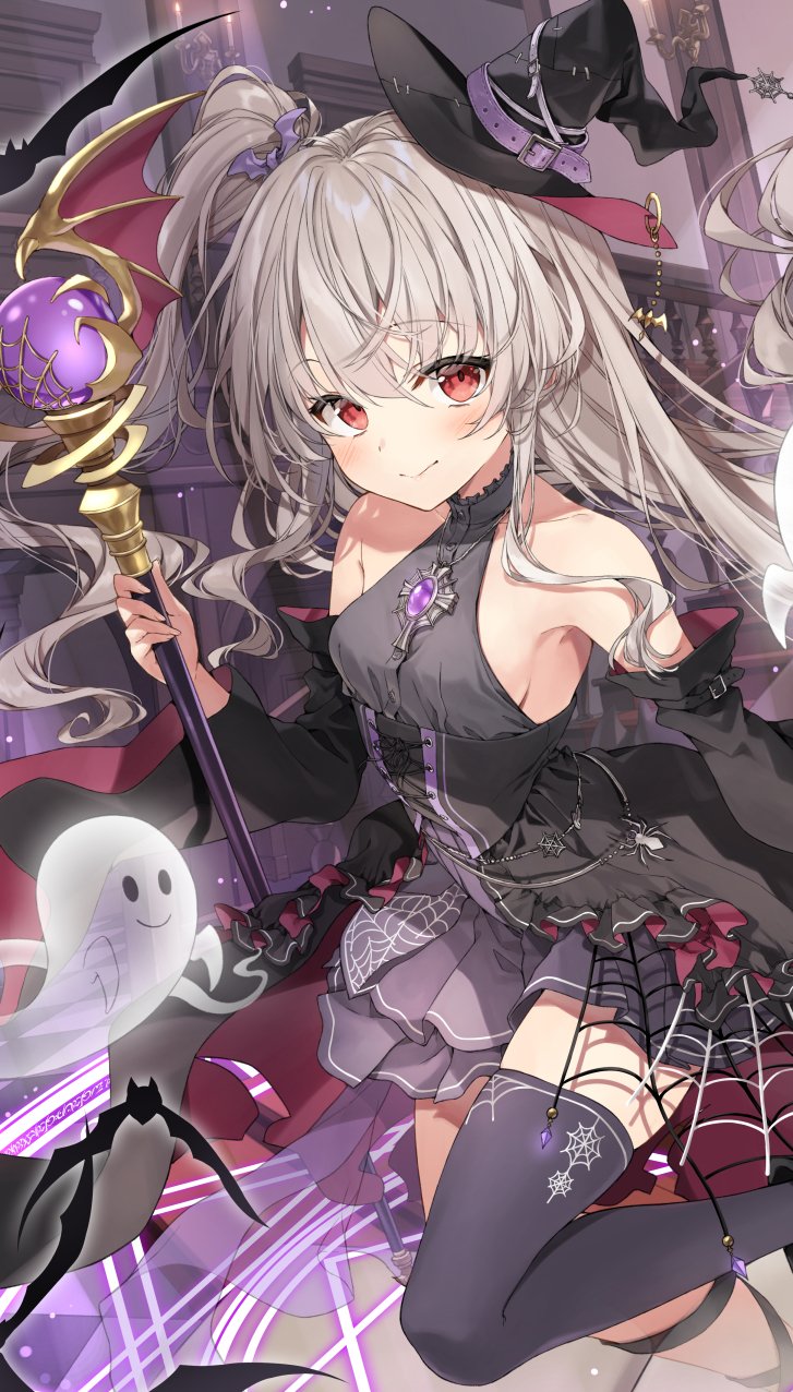 1girl bangs bat_(animal) belly_chain black_dress black_headwear black_sleeves black_thighhighs bug closed_mouth commentary detached_sleeves dress english_commentary ghost grey_hair halloween halter_dress halterneck hat highres holding holding_staff indoors jewelry kakao_rantan layered_dress leg_up long_hair looking_at_viewer necklace one_side_up original pendant pleated_dress red_eyes short_dress single_thighhigh smile solo spider spider_web_print staff standing standing_on_one_leg thighhighs tilted_headwear witch witch_hat