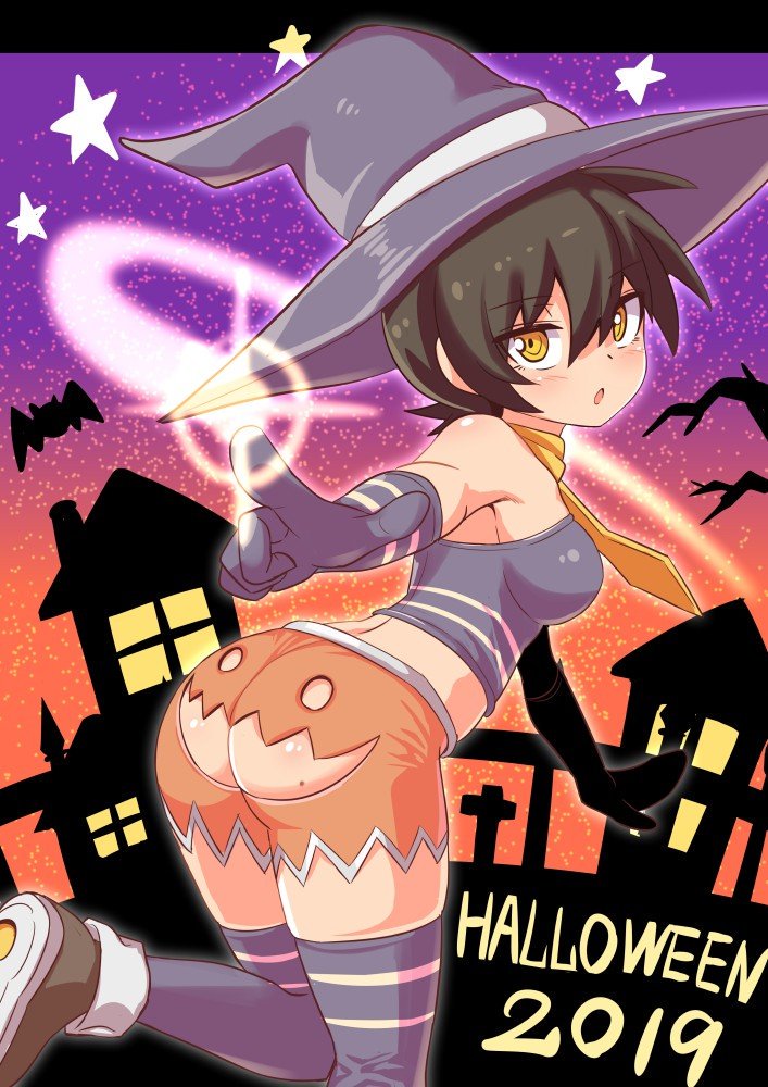 1girl :o ass ass_cutout bangs bat_(animal) black_footwear black_gloves black_hair black_headwear breasts building clothing_cutout cougar_(cougar1404) dated elbow_gloves english_text foreshortening from_behind gloves grey_gloves grey_shirt grey_thighhighs halloween halloween_costume hat jack-o'-lantern_print leaning_forward leg_up looking_at_viewer medium_breasts midriff mole mole_on_ass nari_(cougar1404) necktie night night_sky orange_shorts original outdoors shirt shoes short_hair short_shorts shorts sky sleeveless sleeveless_shirt solo standing standing_on_one_leg star_(sky) star_(symbol) starry_sky thighhighs witch_hat yellow_eyes yellow_necktie
