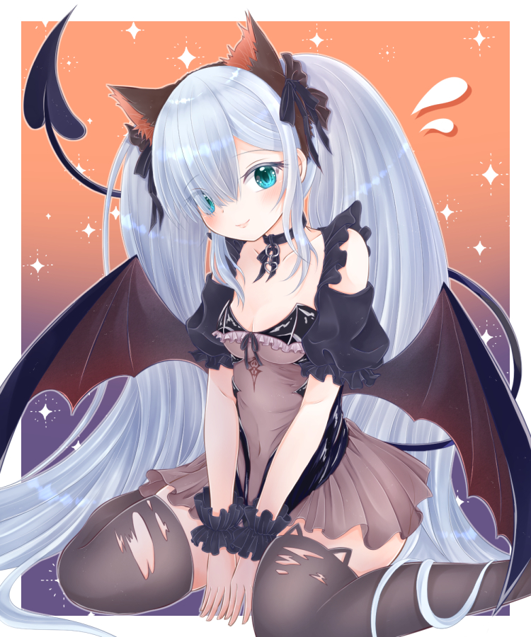 1girl alternate_costume alternate_hairstyle animal_ears azur_lane blue_eyes blue_hair blush breasts cat_ears cleavage collar collarbone fake_animal_ears halloween janus_(azur_lane) janus_(fright-night_scaredy-cat)_(azur_lane) long_hair looking_at_viewer momobesaeka seiza simple_background sitting small_breasts smile tail thighhighs twintails