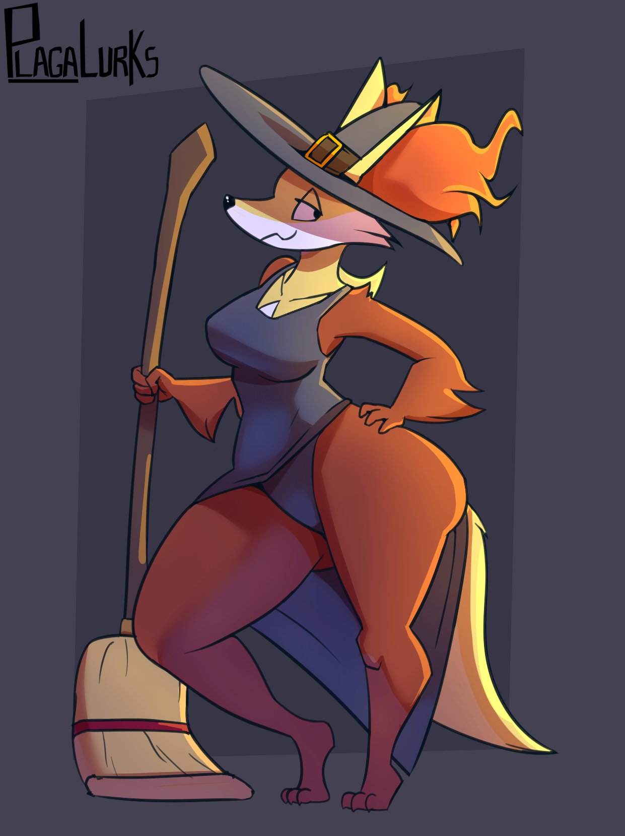 anthro big_butt black_eyes breasts broom butt cleaning_tool clothing delphox dress female generation_6_pokemon half-closed_eyes halloween hand_on_hip hat headgear headwear hi_res holidays inner_ear_fluff multicolored_body narrowed_eyes nintendo panties plaga pokemon pokemon_(species) smile solo thick_thighs tuft underwear video_games witch_hat