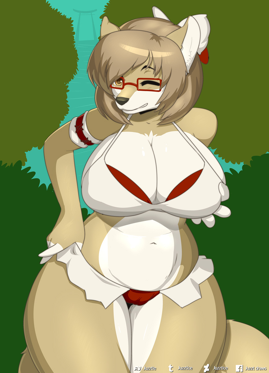 anthro breasts canid canine canis cheyenne_(inu-dono) clothing domestic_dog eyewear female glasses hair hi_res juzztie mammal one_eye_closed solo wink