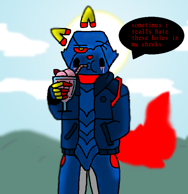 android anthro blue_body blue_clothing clothing dialogue dialogue_box drcustom drinking e621 error_six esix felid female fire flaming_tail food holding_food holding_milkshake holding_object light looking_at_viewer machine mammal mascot milkshake one_eye_closed pupils red_neck red_nose red_sclera red_tail red_text robot solo sunlight text yellow_ears yellow_pupils