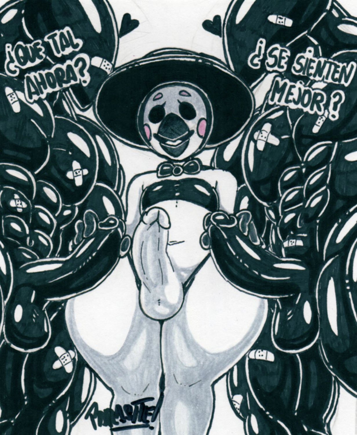 2022 anthro avian big_penis bird bovid bow_tie butt caprine genitals group hi_res male male/male mammal marker_(artwork) parasitedeath penis plague_doctor plague_doctor_(parasitedeath) pupils signature simple_background spanish_text tagme text thick_thighs traditional_media_(artwork) trio white_pupils