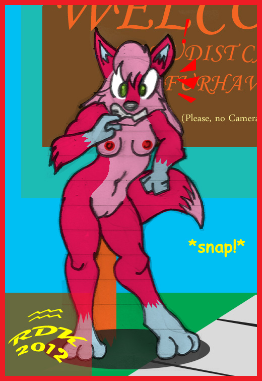 biped blue_eyes breasts canid canine canis duo female fur genitals hair long_hair magenta_body mammal mixed_media nipples nude nudist onomatopoeia pussy reddragonkan sign sound_effects surprised_expression teeth text wolf