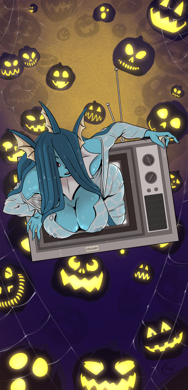 2022 anthro black_nose blue_body blue_fur blue_hair breasts cleavage clothed clothing cosplay crossover crossover_cosplay eeveelution female fur generation_1_pokemon hair hair_over_eye halloween hi_res holidays long_hair nintendo nipple_outline one_eye_obstructed pokemon pokemon_(species) sadako_yamamura signature solo television the_ring vaporeon video_games wet wet_body wet_clothing wet_fur wet_hair yawg