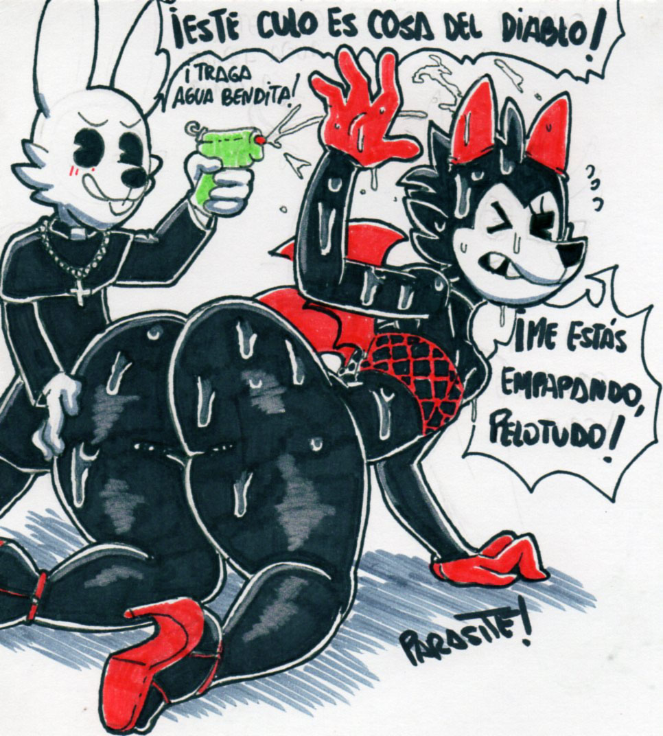 2020 anthro big_butt butt canid canine canis clothing cosplay costume demon_costume duo halloween holidays lagomorph leporid male male/male mammal monk parasitedeath rabbit rabbit_(parasitedeath) spanish_text text thick_thighs toy toy_gun water_gun wolf wolf_(parasitedeath)