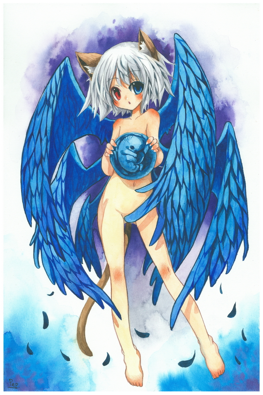 angel animal_ears barefoot blue_eyes blush cat_ears cat_tail censored convenient_censoring copyright_request embryo emperpep feathered_wings feathers feet fetus flat_chest heterochromia highres multiple_wings nude red_eyes seraph short_hair solo tail traditional_media watercolor_(medium) white_hair wing_censor wings