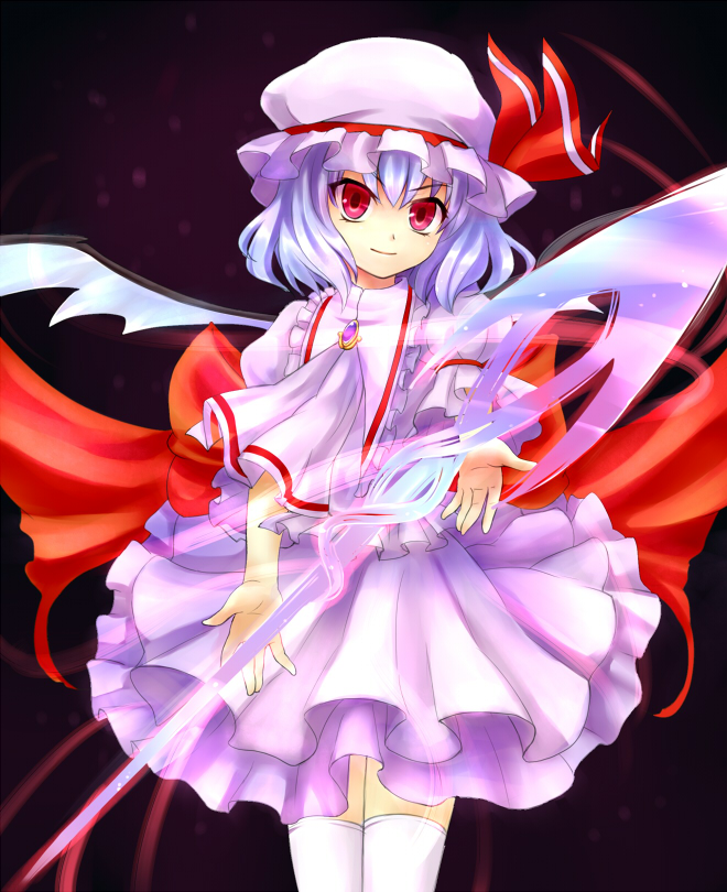 bat_wings blue_door bow brooch hat jewelry large_bow purple_hair red_eyes remilia_scarlet short_hair smile solo spear_the_gungnir thighhighs touhou wings zettai_ryouiki