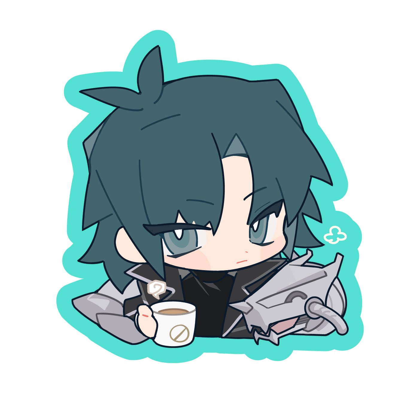 1boy ^_^ bangs black_coat blue_hair blush chibi closed_eyes coat coffee_mug cropped_torso cup cyber_dragon duel_academy_uniform_(yu-gi-oh!_gx) duel_monster highres male_focus marufuji_ryou mug official_alternate_costume short_hair smile solo uni_(uni33uaze) yu-gi-oh! yu-gi-oh!_gx