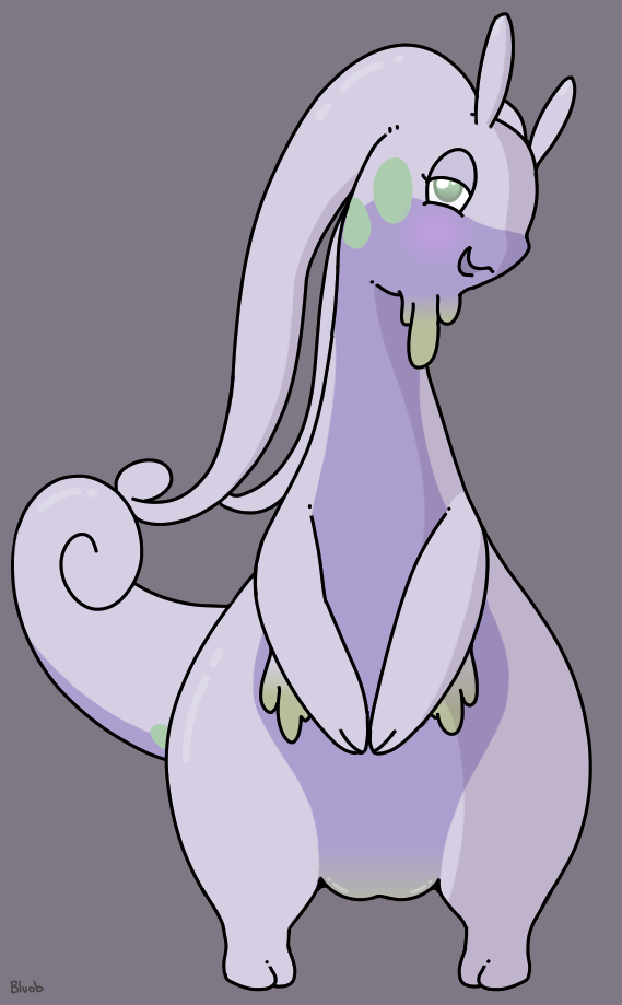 antennae_(anatomy) anthro bluob female generation_6_pokemon genitals goodra green_eyes nintendo nude pokemon pokemon_(species) pussy scalie slime smile solo video_games