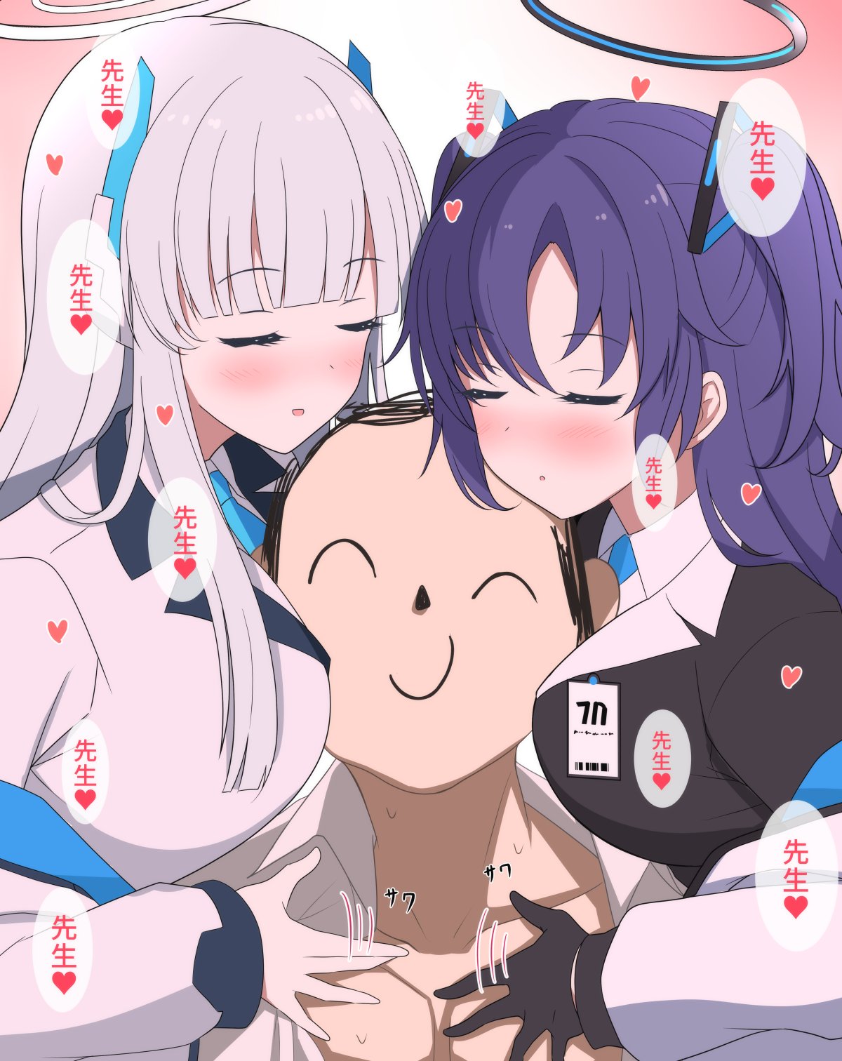 1boy 2girls black_gloves blue_archive blue_hair blush breasts closed_eyes dark_blue_hair gloves hair_ornament halo headpiece highres jacket karikura_(atatata71) large_breasts multiple_girls name_tag noa_(blue_archive) open_clothes open_shirt pectorals sensei_(blue_archive) sweat toned toned_male translation_request twintails white_hair yuuka_(blue_archive)