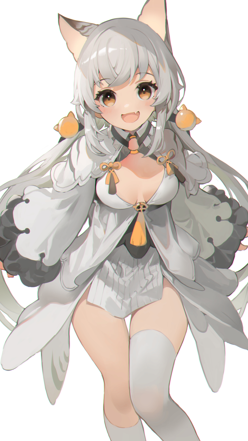 1girl :d akizone animal_ears asymmetrical_legwear bangs breasts brown_eyes dress fang feet_out_of_frame grey_background grey_dress grey_hair grey_socks grey_thighhighs happy highres kneehighs large_breasts leaning_forward long_hair long_sleeves mismatched_legwear open_mouth original simple_background skin_fang smile socks solo thighhighs wide_sleeves