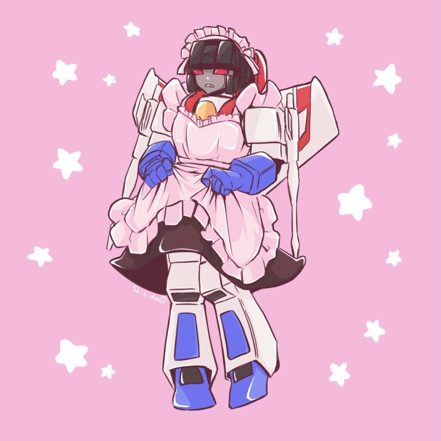 1boy alien clothes_lift commentary_request crossdressing decepticon maid maid_headdress male_focus mecha no_humans pink_background red_eyes robot science_fiction shikida_2ss skirt skirt_lift solo star_(symbol) starscream transformers