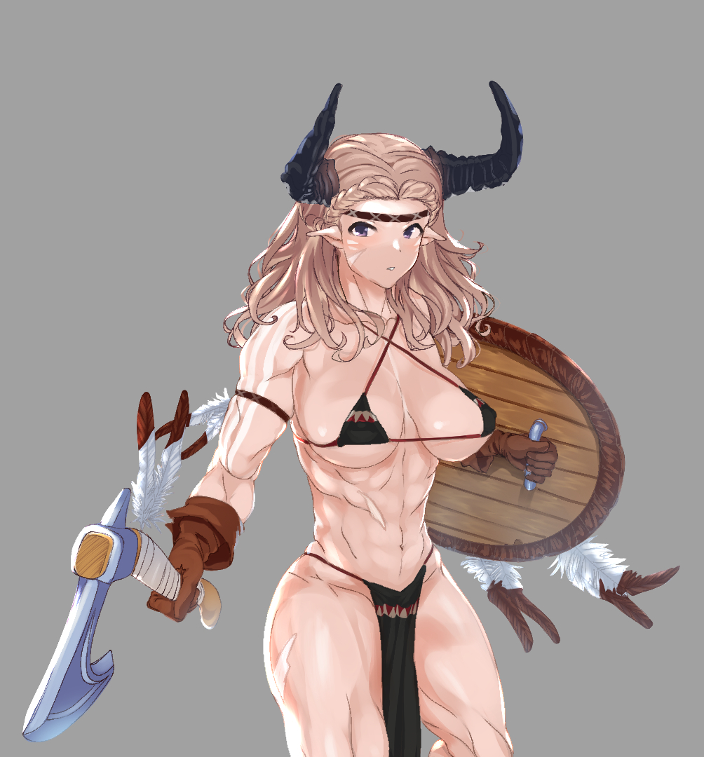 1girl abs armband axe bikini bikini_top_only black_horns blonde_hair breasts facing_away feathers grey_background headband holding holding_axe holding_shield horns large_breasts looking_at_viewer medium_hair multicolored_feathers muscular muscular_female original parted_lips pelvic_curtain pointy_ears purple_eyes q_(ed69) shield simple_background solo swimsuit toned white_feathers