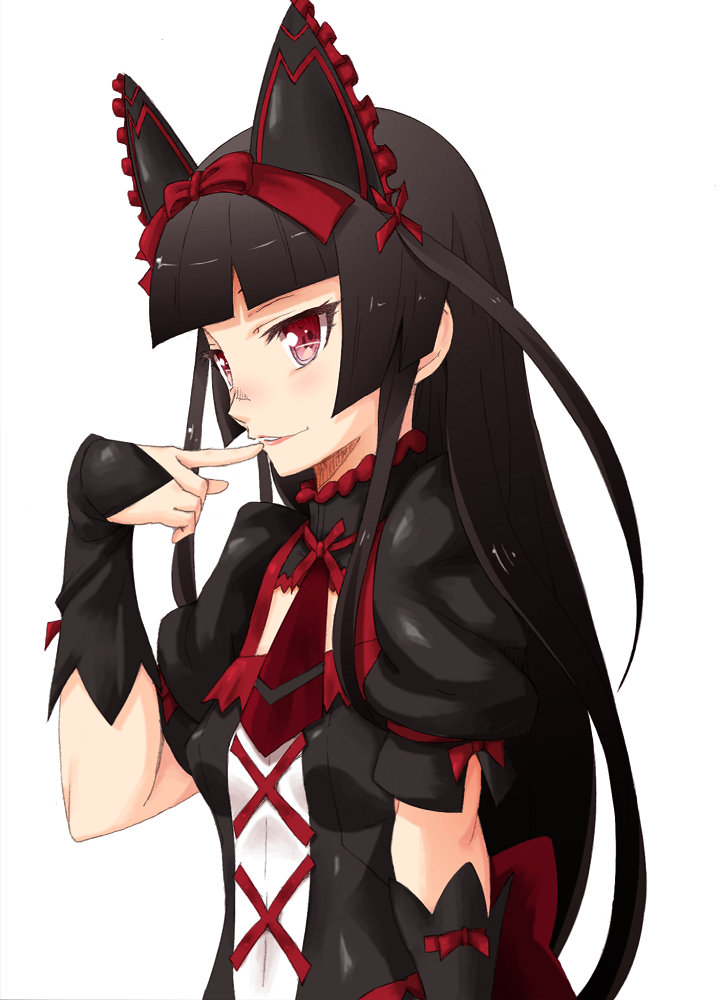 1girl animal_ears bangs black_hair blunt_bangs bow breasts bridal_gauntlets brownie_(n8wss1pq) cat_ears fake_animal_ears gate_-_jieitai_ka_no_chi_nite_kaku_tatakaeri gothic_lolita hair_bow lolita_fashion long_hair necktie parted_lips red_bow red_eyes red_necktie rory_mercury shiny shiny_hair short_necktie short_sleeves simple_background sketch small_breasts smile solo upper_body white_background