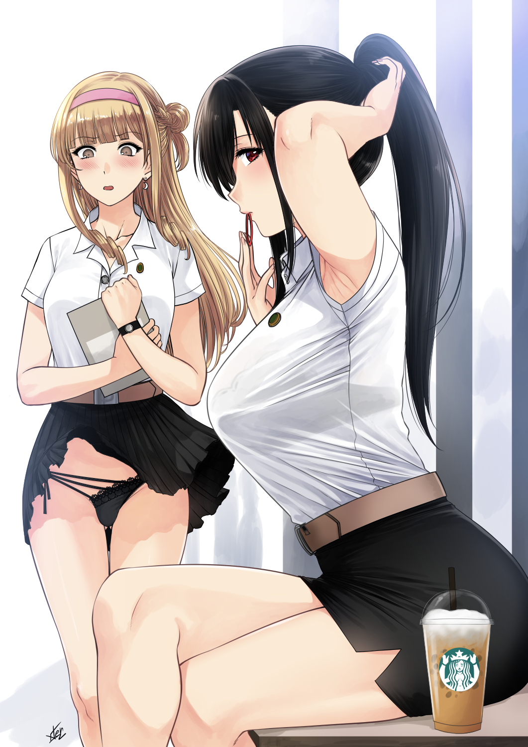 1boy 1girl armpits arms_up ass_visible_through_thighs black_hair black_skirt blonde_hair breasts brown_eyes hair_tie hair_tie_in_mouth highres large_breasts long_hair mouth_hold original otoko_no_ko panties ponytail red_eyes see-through see-through_shirt shirt skirt starbucks tying_hair underwear white_shirt xter