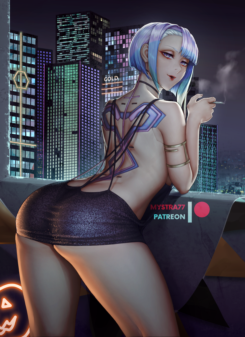 1girl alternate_costume ass back bangs bare_shoulders black_dress blue_eyes blue_hair building cigarette cyberpunk_(series) cyberpunk_edgerunners dress feet_out_of_frame from_side holding holding_cigarette leaning_forward light_blue_hair looking_at_viewer lucy_(cyberpunk) medium_hair mystra77 night night_sky open_mouth parted_lips red_lips sky smoke solo standing thighs