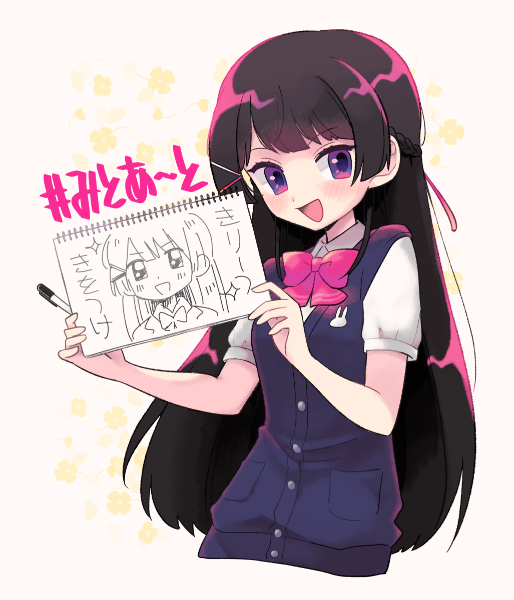 1girl black_hair bow bowtie clover_background hair_ornament hairclip haku_le highres holding long_hair looking_at_viewer nijisanji open_mouth pen pink_bow pink_bowtie purple_eyes school_uniform sketchbook smile solo translation_request tsukino_mito virtual_youtuber